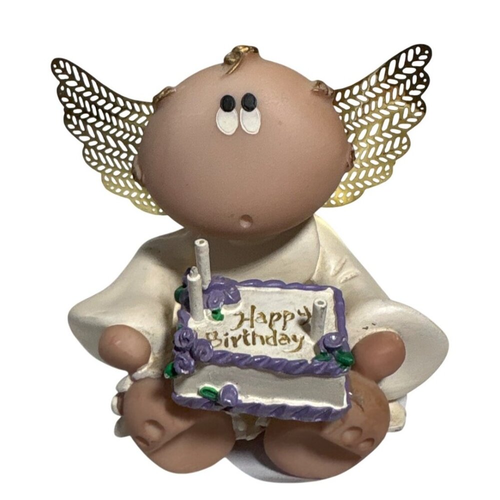 Kirk Angel Figurine Gold Wings Happy Birthday Cake Purple White Accents 2001